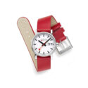 Mondaine, evo2 with a 30mm stainless steel case and a red vegan grape leather strap featuring a date function and a white dial.