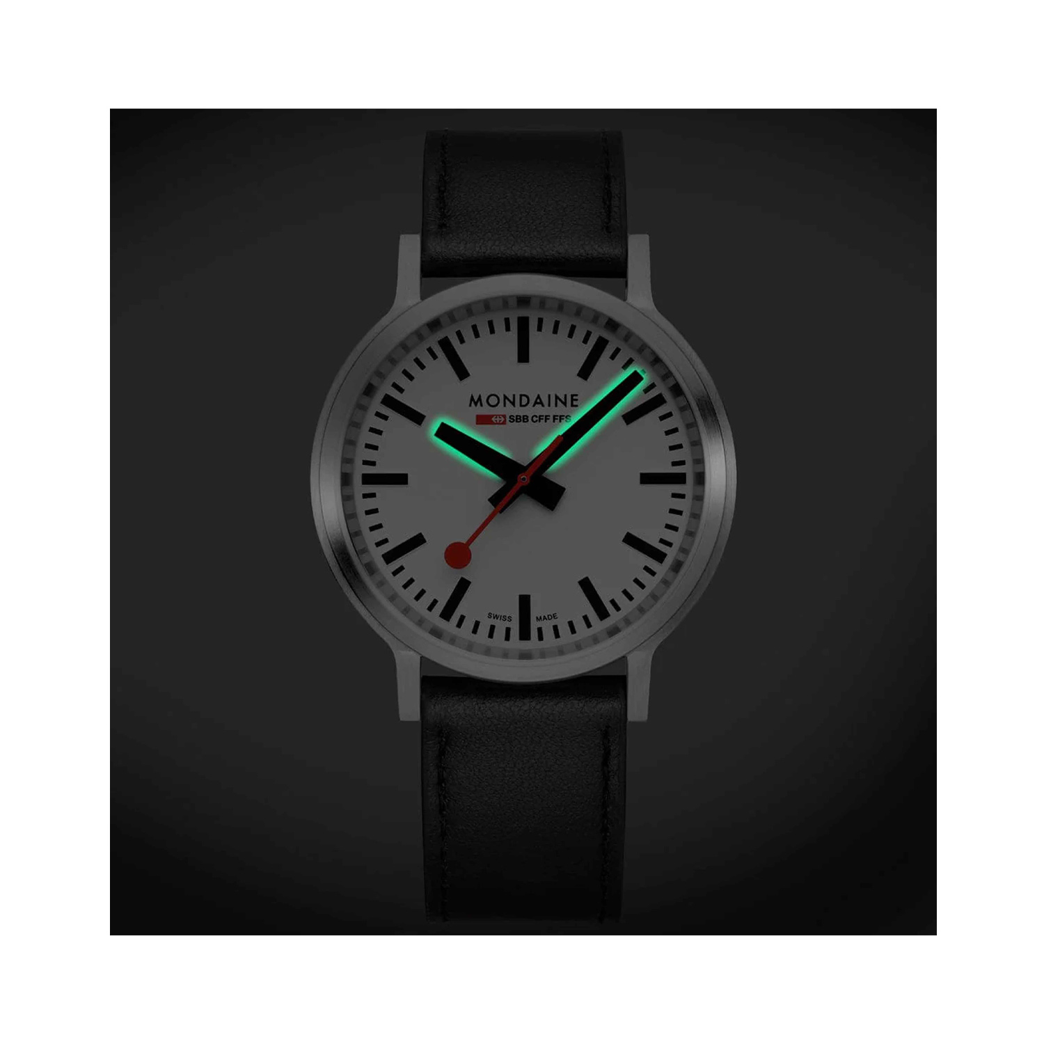 Mondaine, stop2go, Black Vegan Grape Leather Strap, Quartz Men's Watch Mondaine, stop2go with a 41mm stainless steel case and a black vegan grape leather strap featuring a white dial.