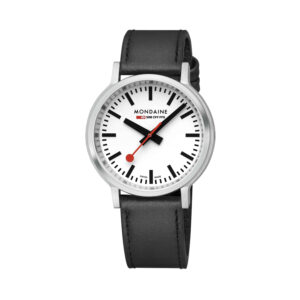 Mondaine, stop2go with a 41mm stainless steel case and a black vegan grape leather strap featuring a white dial.