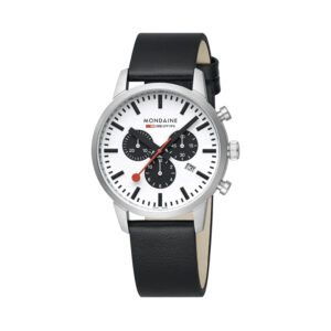 Mondaine, Neo with a 41mm stainless steel case and a black vegan grape leather strap featuring a chronograph, date function and a white dial.