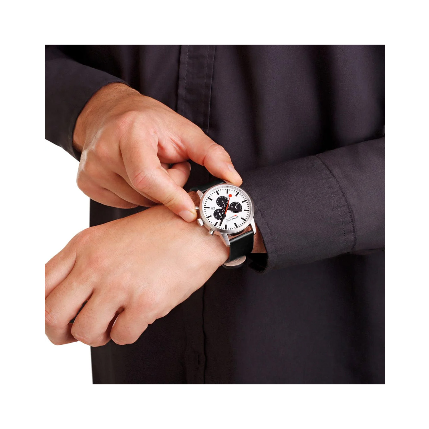 Mondaine, Neo Chronograph, Black Vegan Leather Strap, Quartz Men's Watch Mondaine, Neo with a 41mm stainless steel case and a black vegan grape leather strap featuring a chronograph, date function and a white dial.