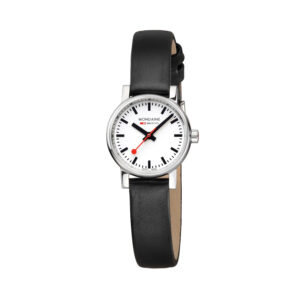 Mondaine, evo2 with a 26mm stainless steel case and black vegan grape leather strap featuring a white dial.