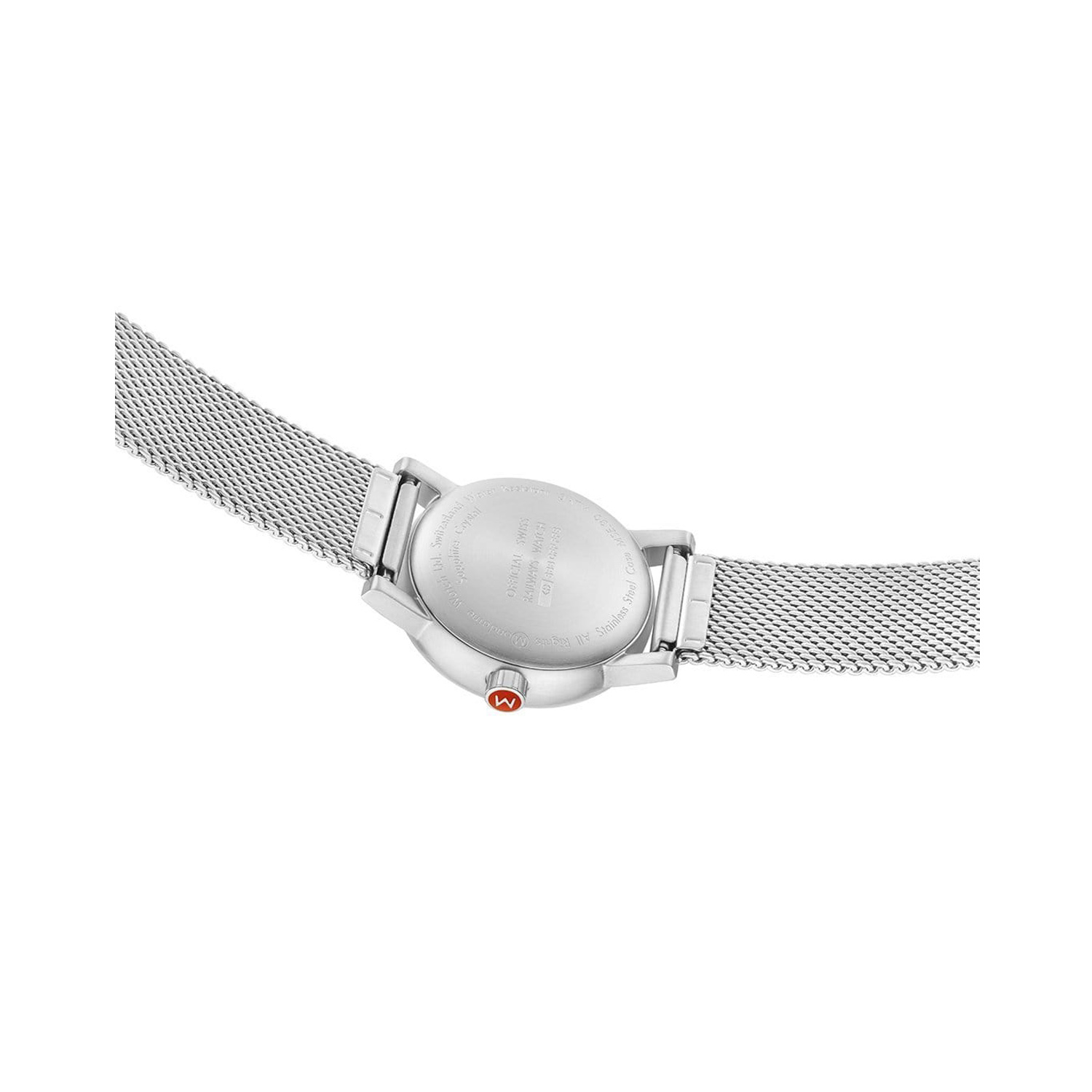 Mondaine, evo2 with a 30mm stainless steel case and bracelet strap featuring a date function and a white dial.