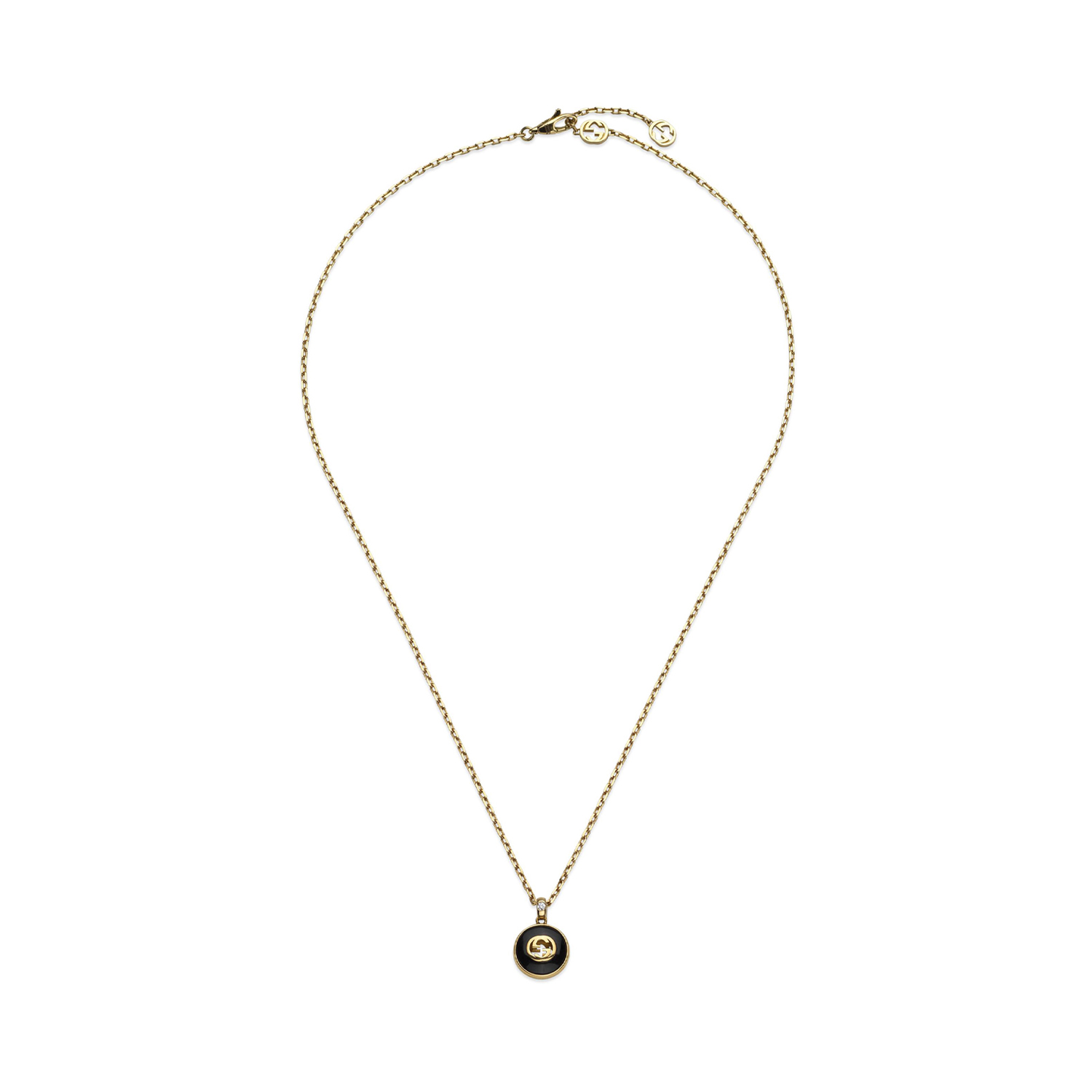 An 18ct yellow gold necklace with a black onyx Gucci emblem pendant from the Gucci Interlocking collection.