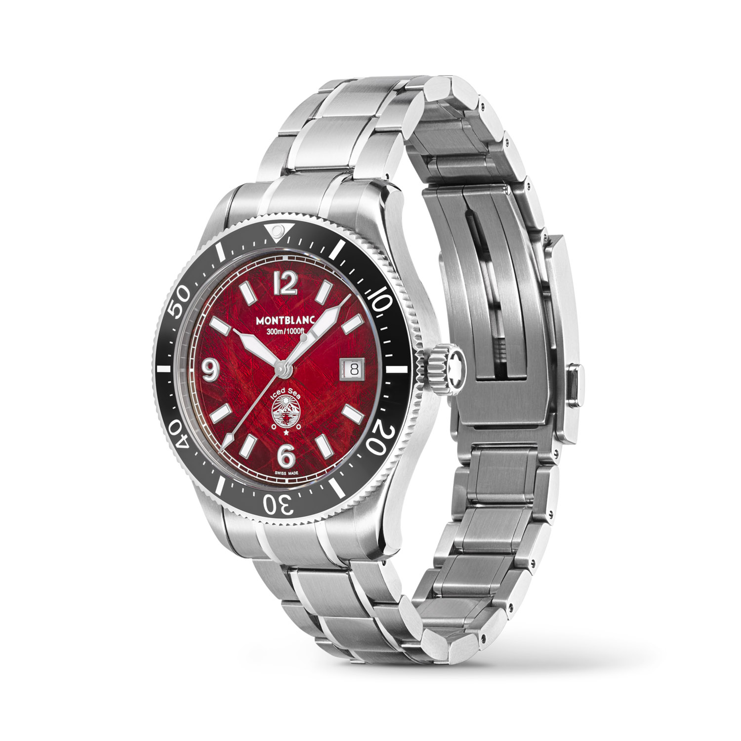 Montblanc, 1858 Iced Sea Burgundy, Automatic Men's Watch Montblanc, 1858 Iced Sea with a 41mm stainless steel case and bracelet strap featuring a date function and a date function with a burgundy dial and black bezel.