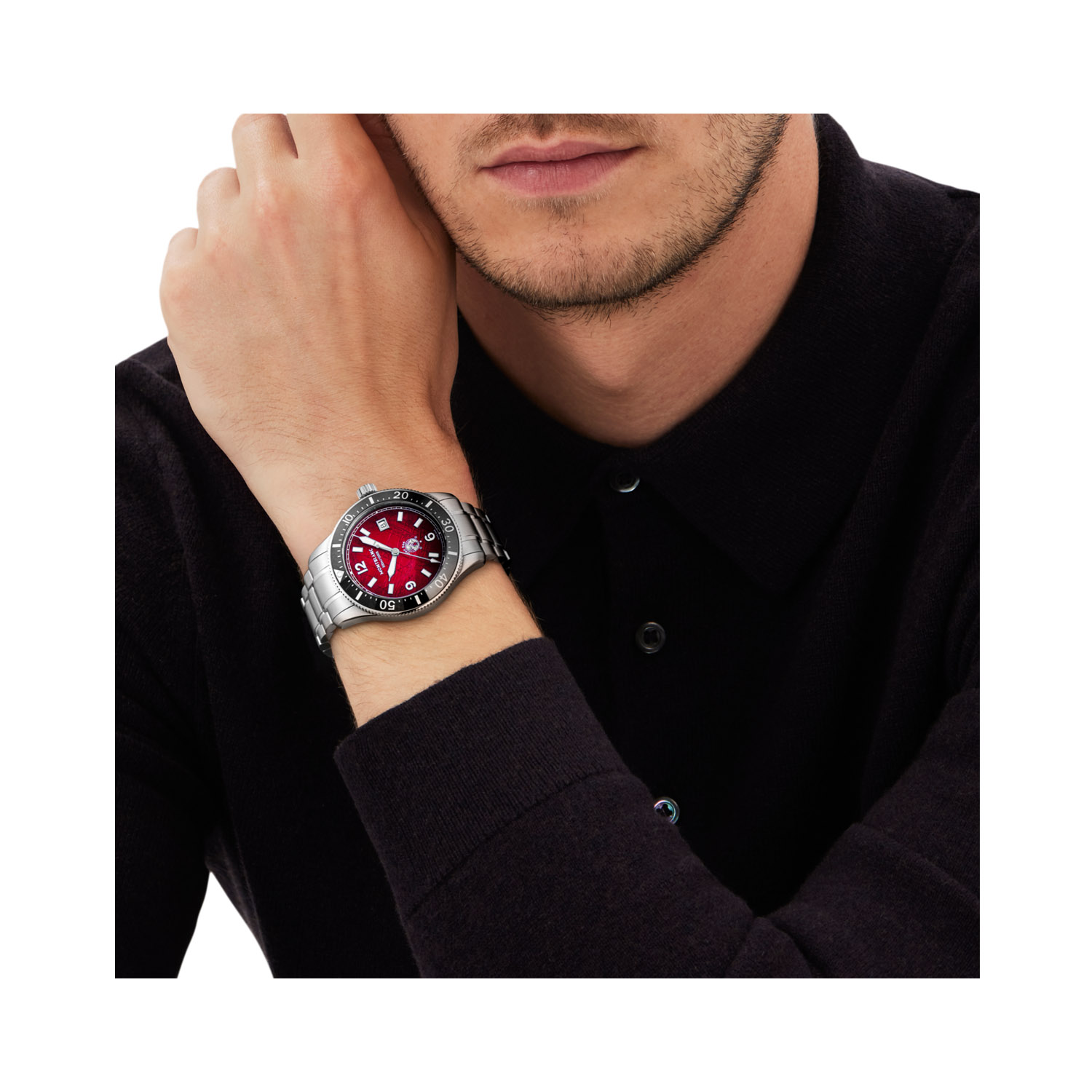 Montblanc, 1858 Iced Sea Burgundy, Automatic Men's Watch Montblanc, 1858 Iced Sea with a 41mm stainless steel case and bracelet strap featuring a date function and a date function with a burgundy dial and black bezel.