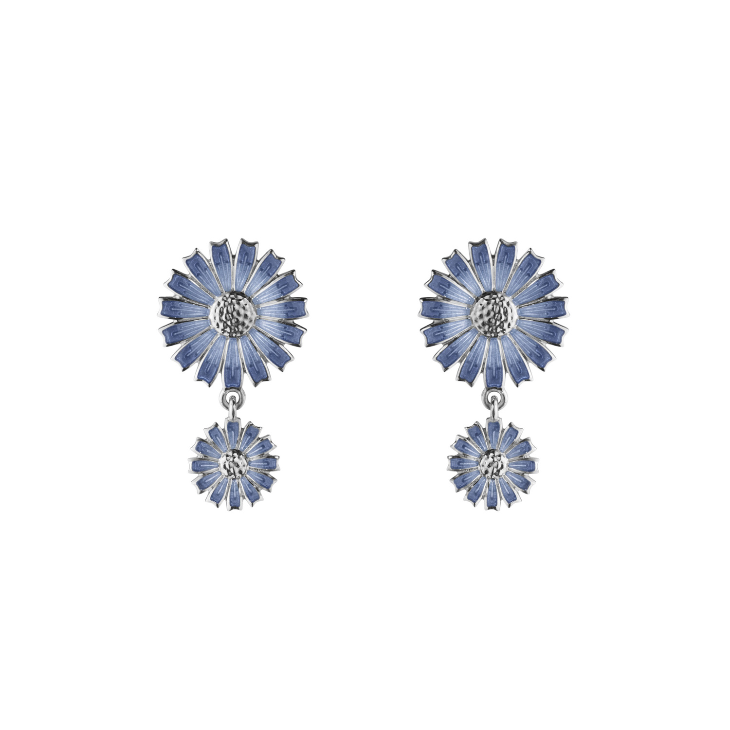 A pair of sterling silver blue enamelled earrings featuring two flowers, from Georg Jensen’s Daisy collection, for pierced ears.