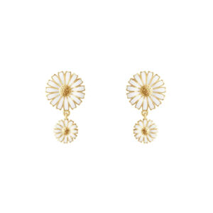 A pair of gold-plated sterling silver white enamelled earrings featuring two flowers, from Georg Jensen’s Daisy collection, for pierced ears.