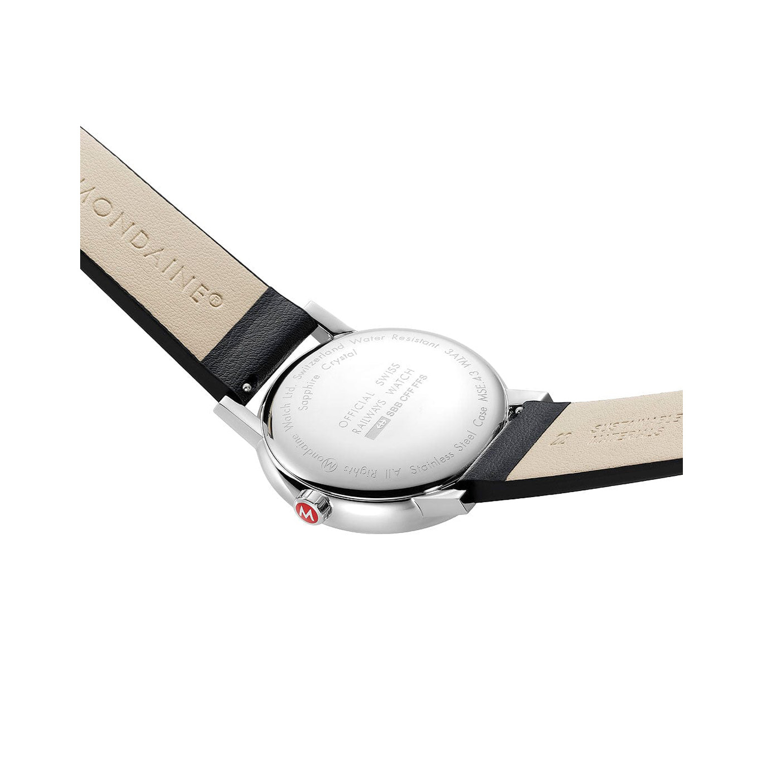 Mondaine, evo2 with a 43mm stainless steel case and a black vegan leather strap featuring a black dial.