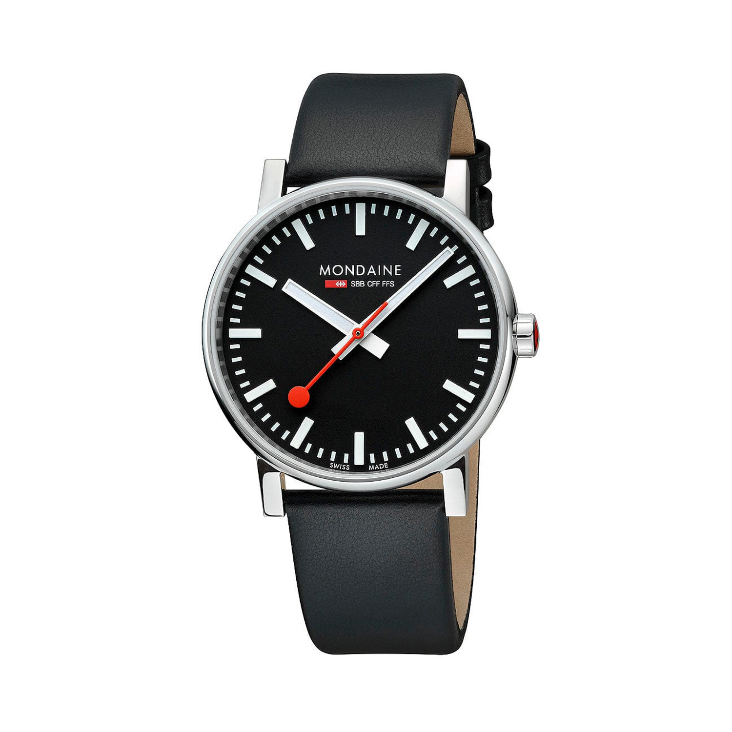 Mondaine, evo2 with a 43mm stainless steel case and a black vegan leather strap featuring a black dial.