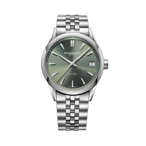 Raymond Weil, Freelancer with a 40mm stainless steel case and bracelet strap featuring a date function and a green dial.