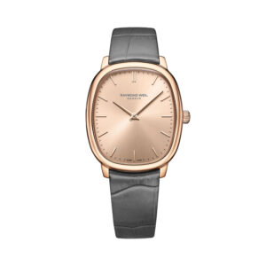Raymond Weil, Toccata Heritage with a 33mm stainless steel rose gold PVD coated oval case and a grey leather strap featuring a copper coloured two hand dial.