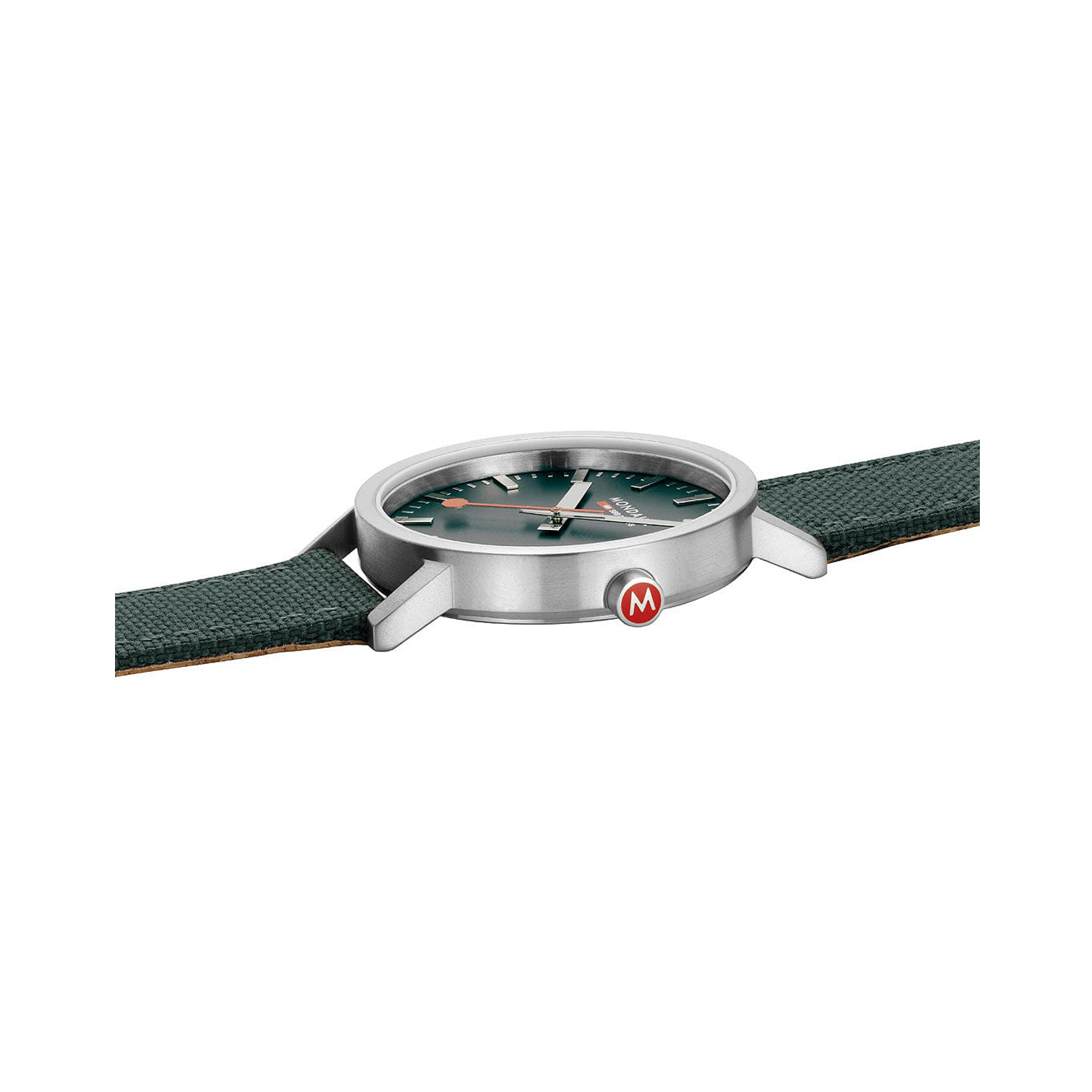 Mondaine, Classic Forest Green, Quartz Men's Watch Mondaine, Classic Forest Green with a 40mm stainless steel case and a green fabric strap featuring a green dial.