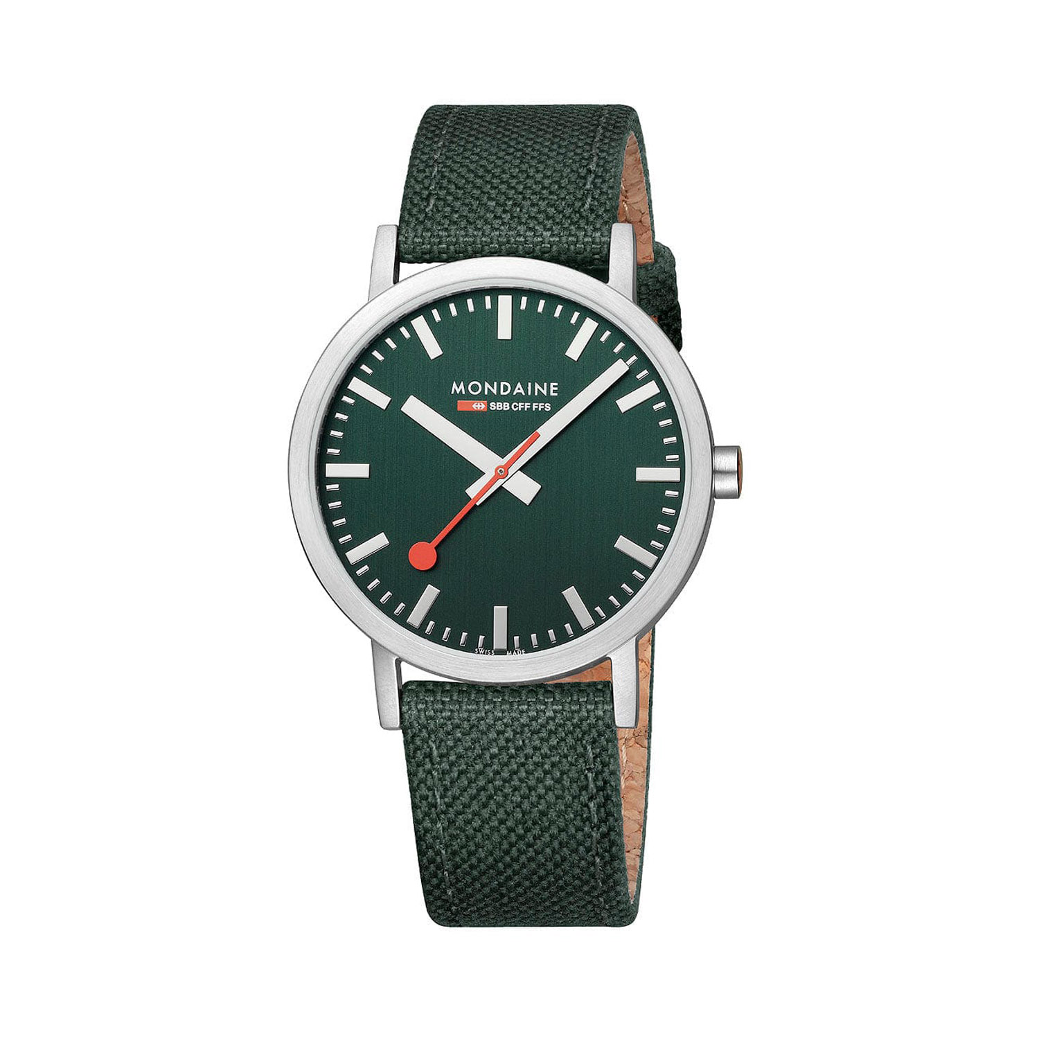 Mondaine, Classic Forest Green, Quartz Men's Watch Mondaine, Classic Forest Green with a 40mm stainless steel case and a green fabric strap featuring a green dial.