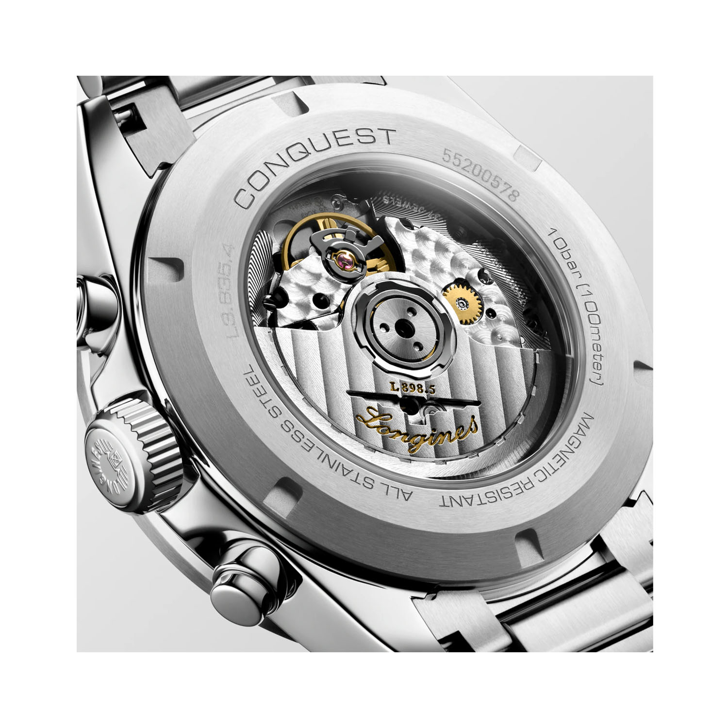 Longines, Conquest Chronograph, Automatic Men's Watch Longines, Conquest with a 42mm stainless steel case and bracelet strap featuring a chronograph, a silver and black dial with a black ceramic bezel.