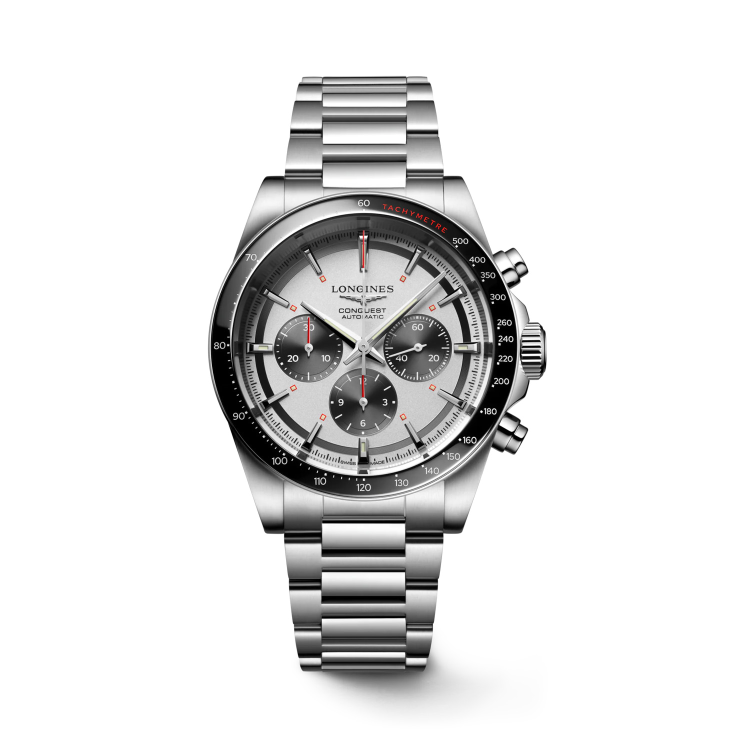 Longines, Conquest Chronograph, Automatic Men's Watch Longines, Conquest with a 42mm stainless steel case and bracelet strap featuring a chronograph, a silver and black dial with a black ceramic bezel.