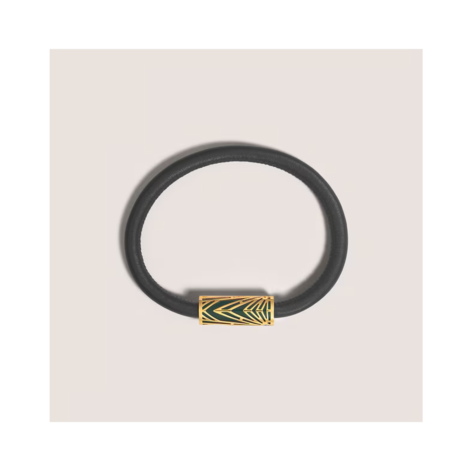 Montblanc, Meisterstück The Origin Collection Green Bracelet A Montblanc, Meisterstück The Origin Collection black leather bracelet with a PVD coated stainless steel tube with a green laquered pattern.