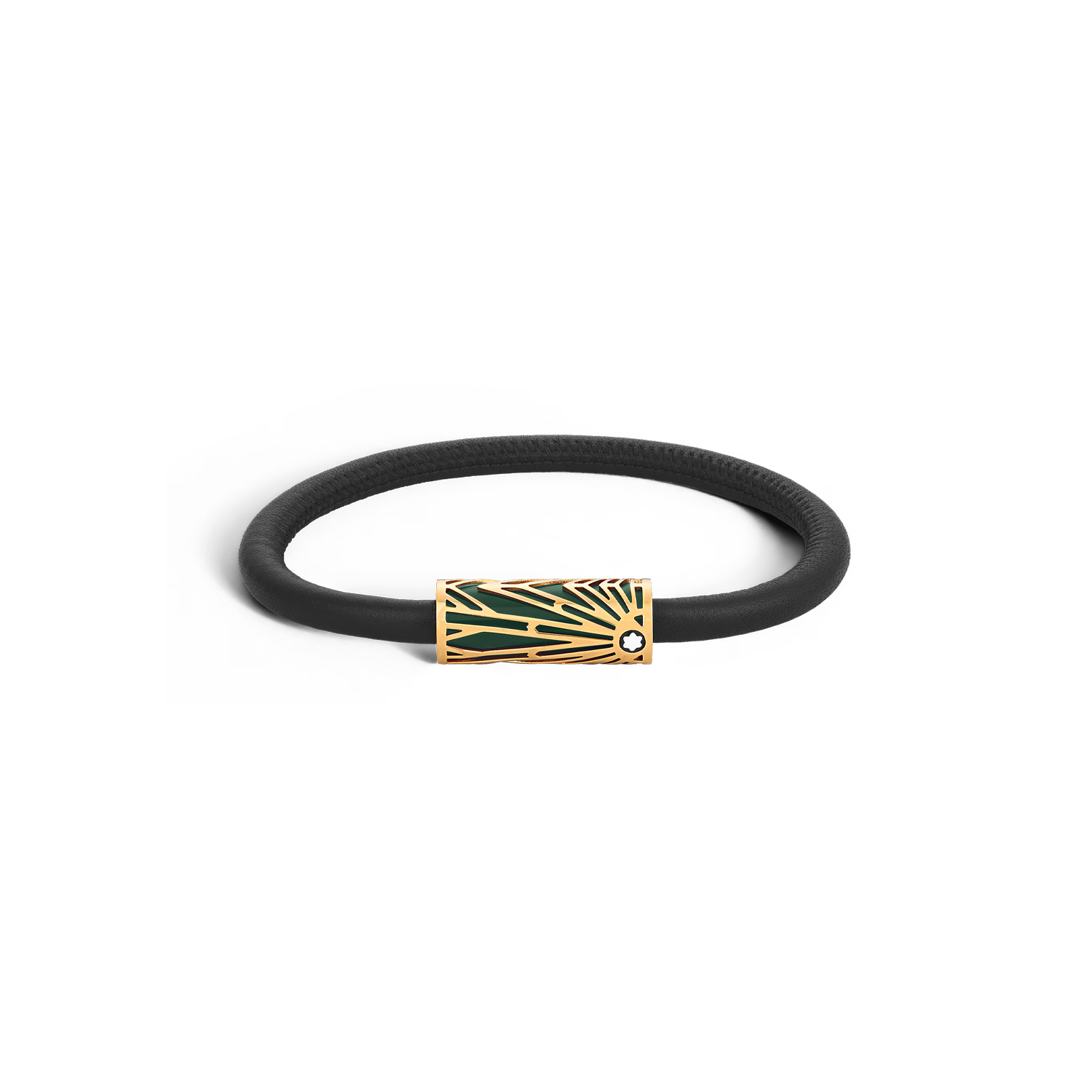 Montblanc, Meisterstück The Origin Collection Green Bracelet A Montblanc, Meisterstück The Origin Collection black leather bracelet with a PVD coated stainless steel tube with a green laquered pattern.