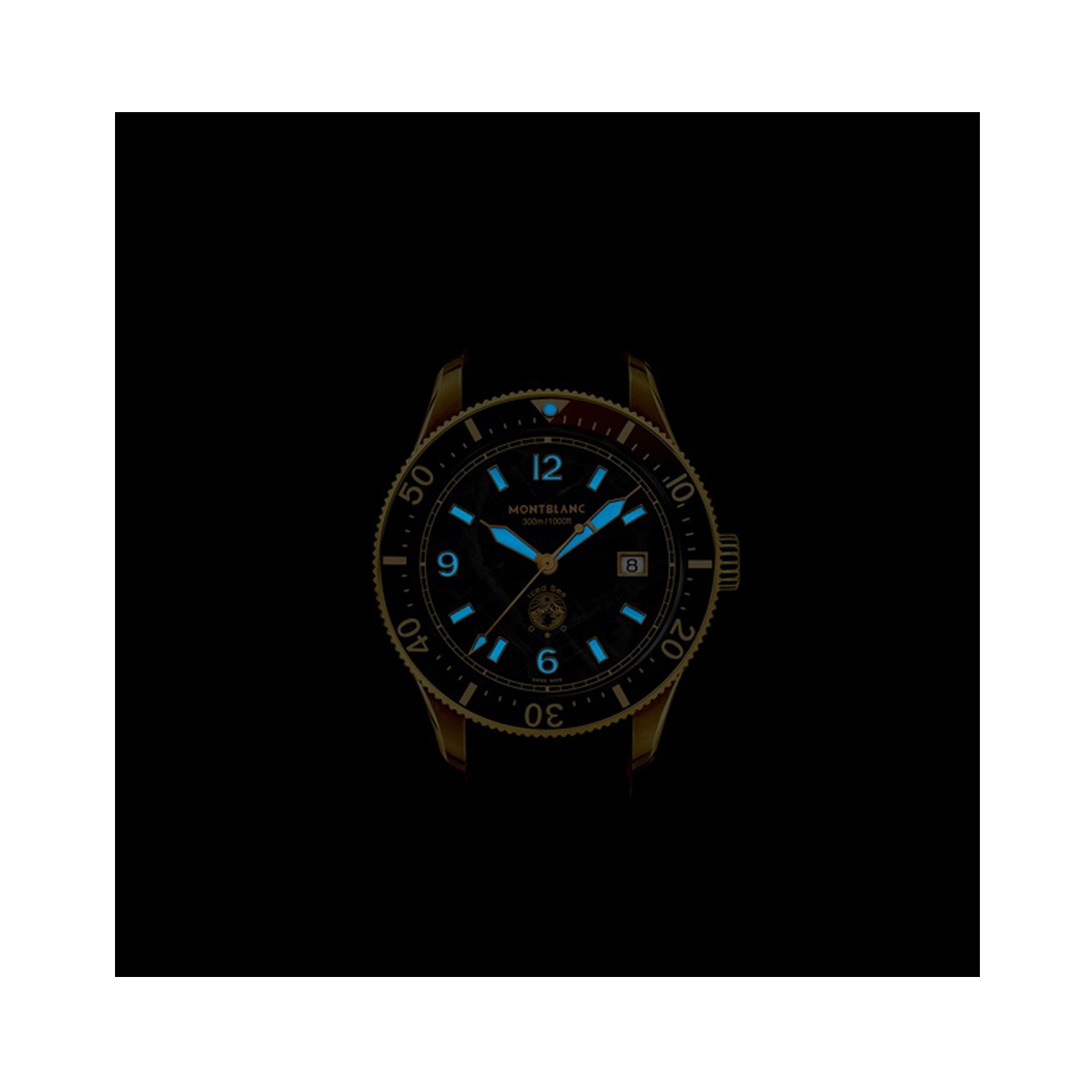 Montblanc, 1858 Iced Sea with a 41mm bronze case and a black rubber strap featuring a date function and black glacier patterned dial and a black and brown bezel.