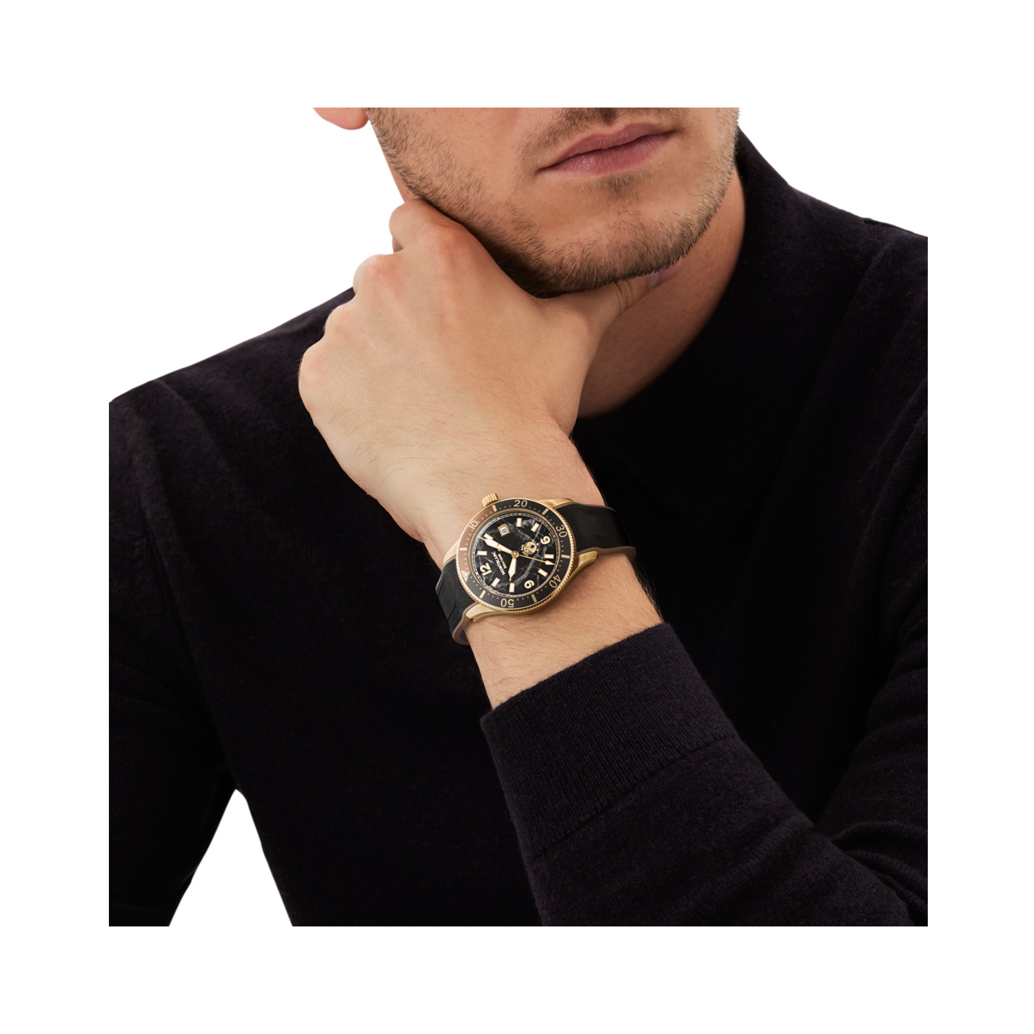 Montblanc, 1858 Iced Sea with a 41mm bronze case and a black rubber strap featuring a date function and black glacier patterned dial and a black and brown bezel.