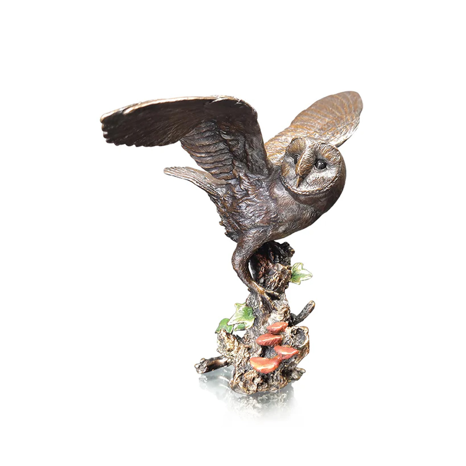 Made from solid foundry bronze, this piece depicts a barn owl with outstretched wings standing on a log with ivy.