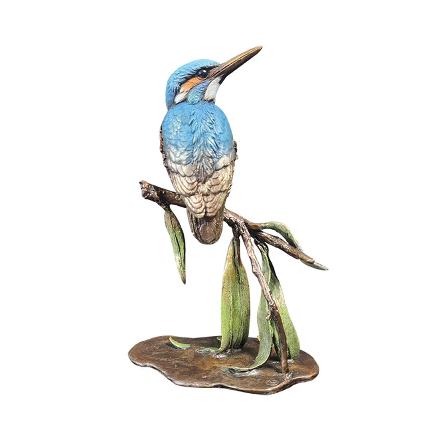 Made from solid foundry bronze, this piece depicts a kingfisher sitting on a willow tree branch.