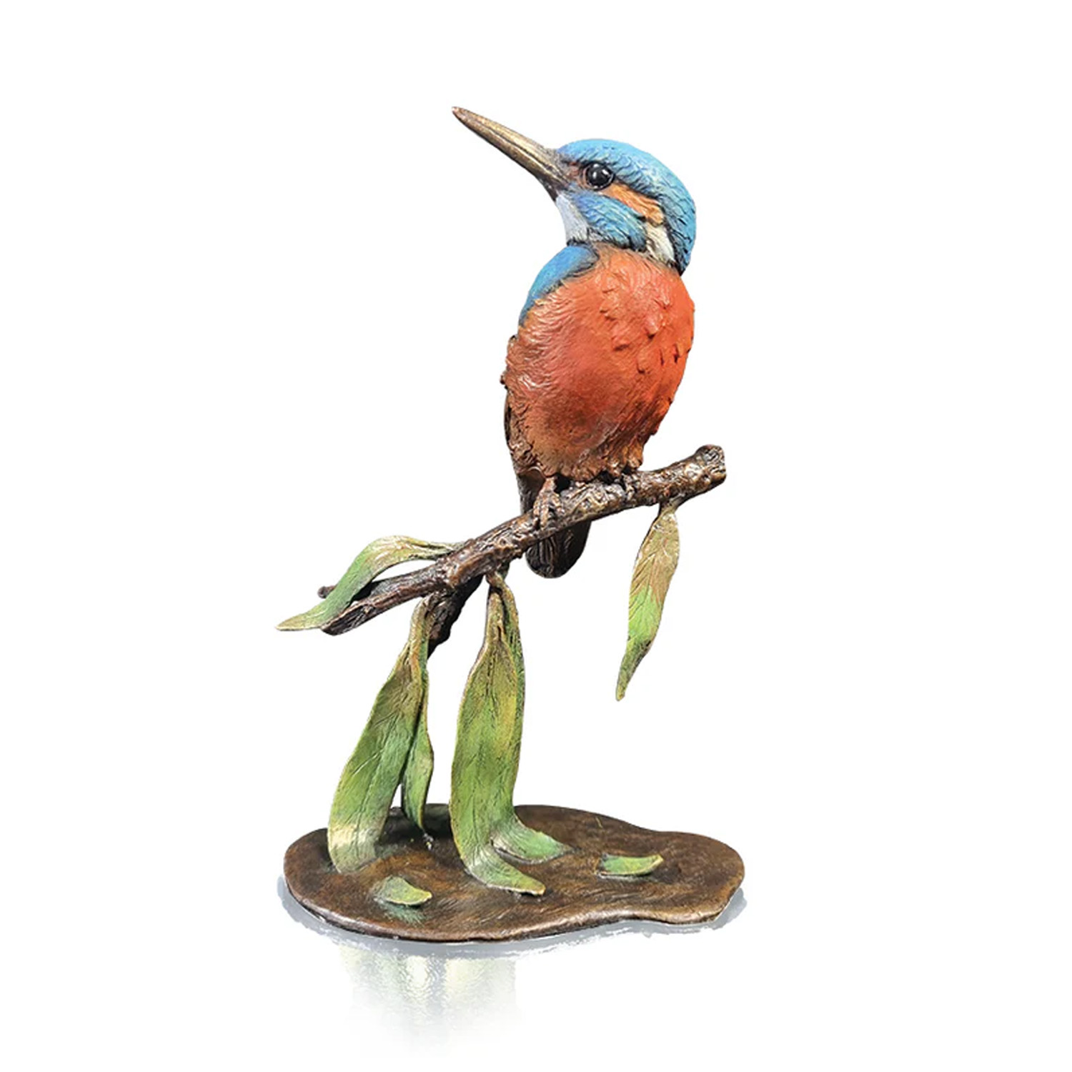 Made from solid foundry bronze, this piece depicts a kingfisher sitting on a willow tree branch.