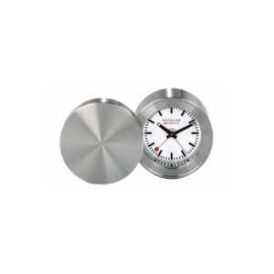 Mondaine, Travel Alarm Clock with a 50mm brass stainless steel pressed case with an alarm function and a white dial.