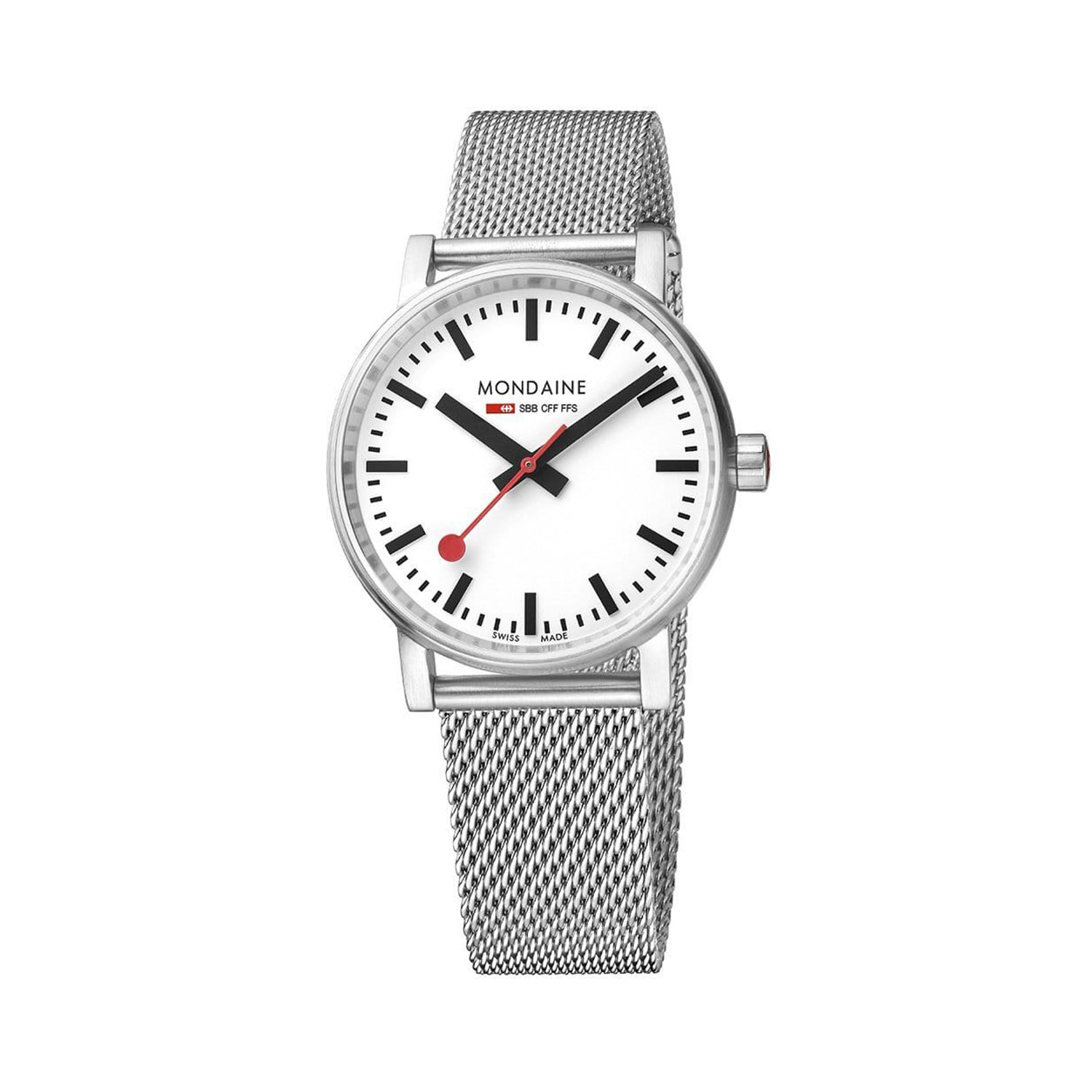 Mondaine, evo2 White Steel, Quartz Unisex Watch Mondaine, evo2 with a 35mm stainless steel case and bracelet strap featuring a white dial.