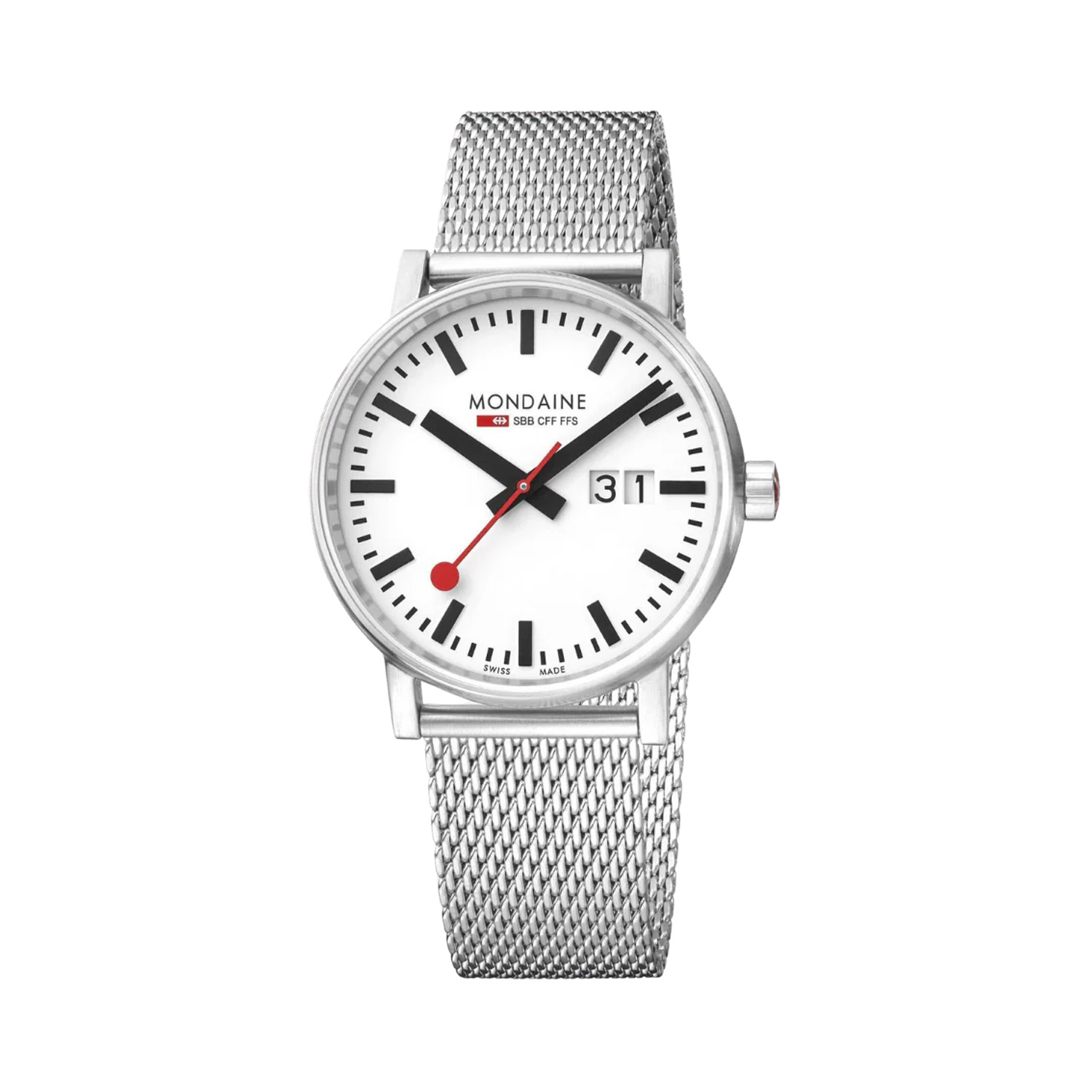 Mondaine, evo2 with a 40mm stainless steel case and bracelet strap featuring a date function and a white dial.