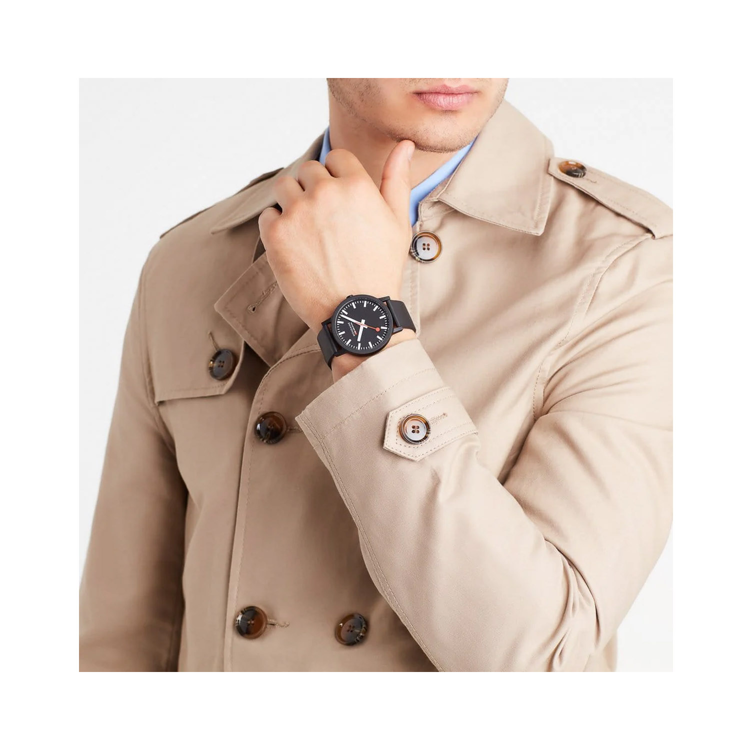 Mondaine, Essence Black, Quartz Men's Watch Mondaine, Essence with a 41mm stainless steel case and a black natural rubber strap featuring a black dial.