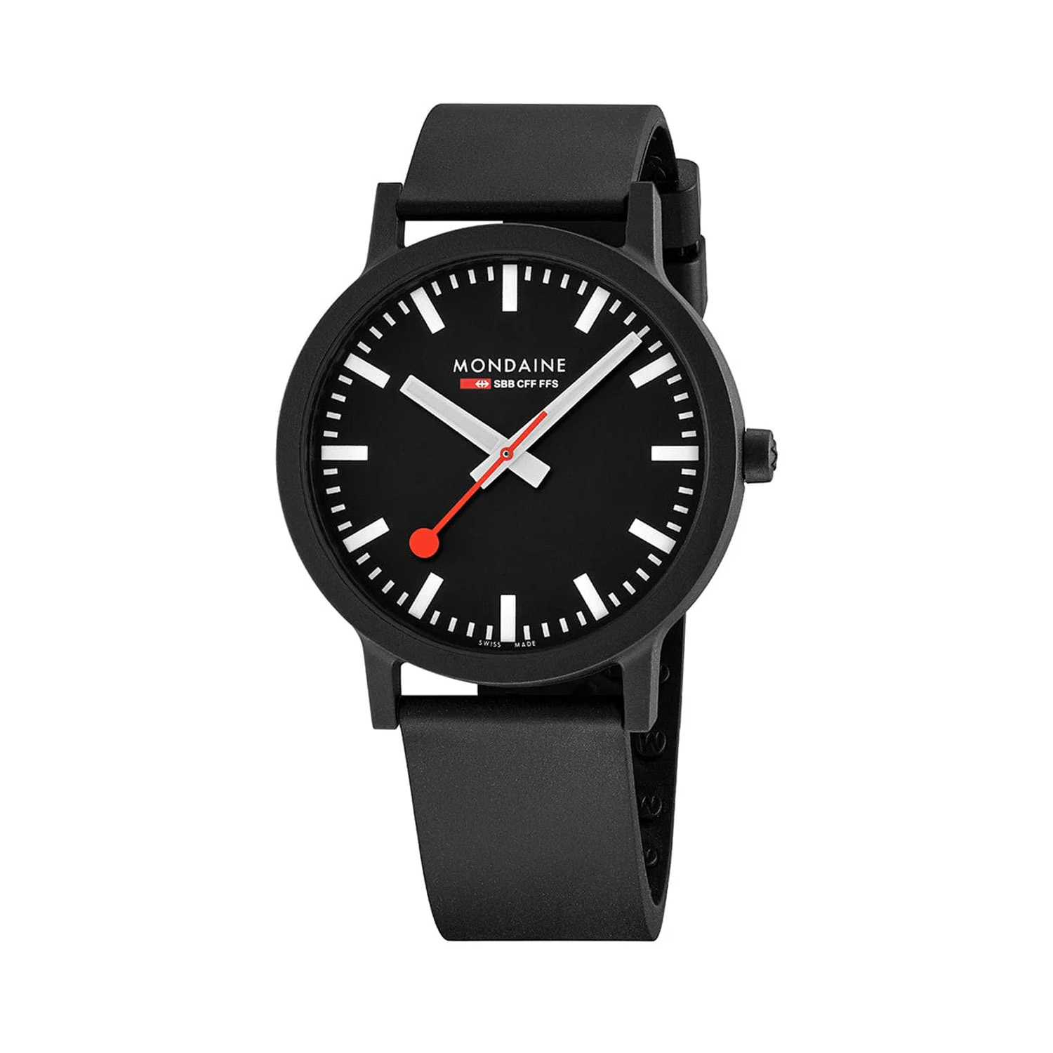 Mondaine, Essence Black, Quartz Men's Watch Mondaine, Essence with a 41mm stainless steel case and a black natural rubber strap featuring a black dial.