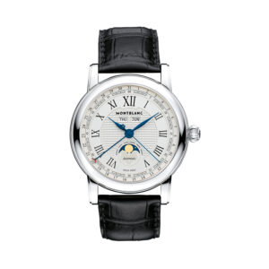Montblanc, Star Quantième Complet with a 42mm stainless steel case and a black leather strap featuring a full calendar function and a moonphase complication on a white dial.
