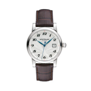 Montblanc, Star with a 39mm stainless steel case and a brown leather strap featuring a date function with a silver dial.