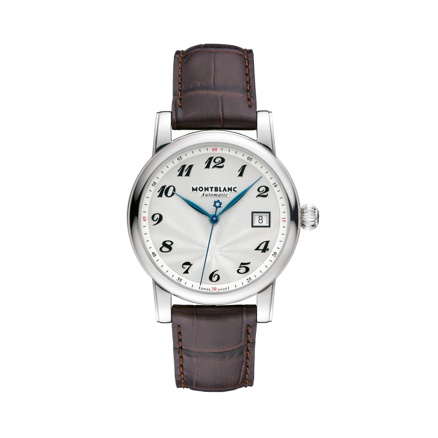 Montblanc, Star with a 39mm stainless steel case and a brown leather strap featuring a date function with a silver dial.