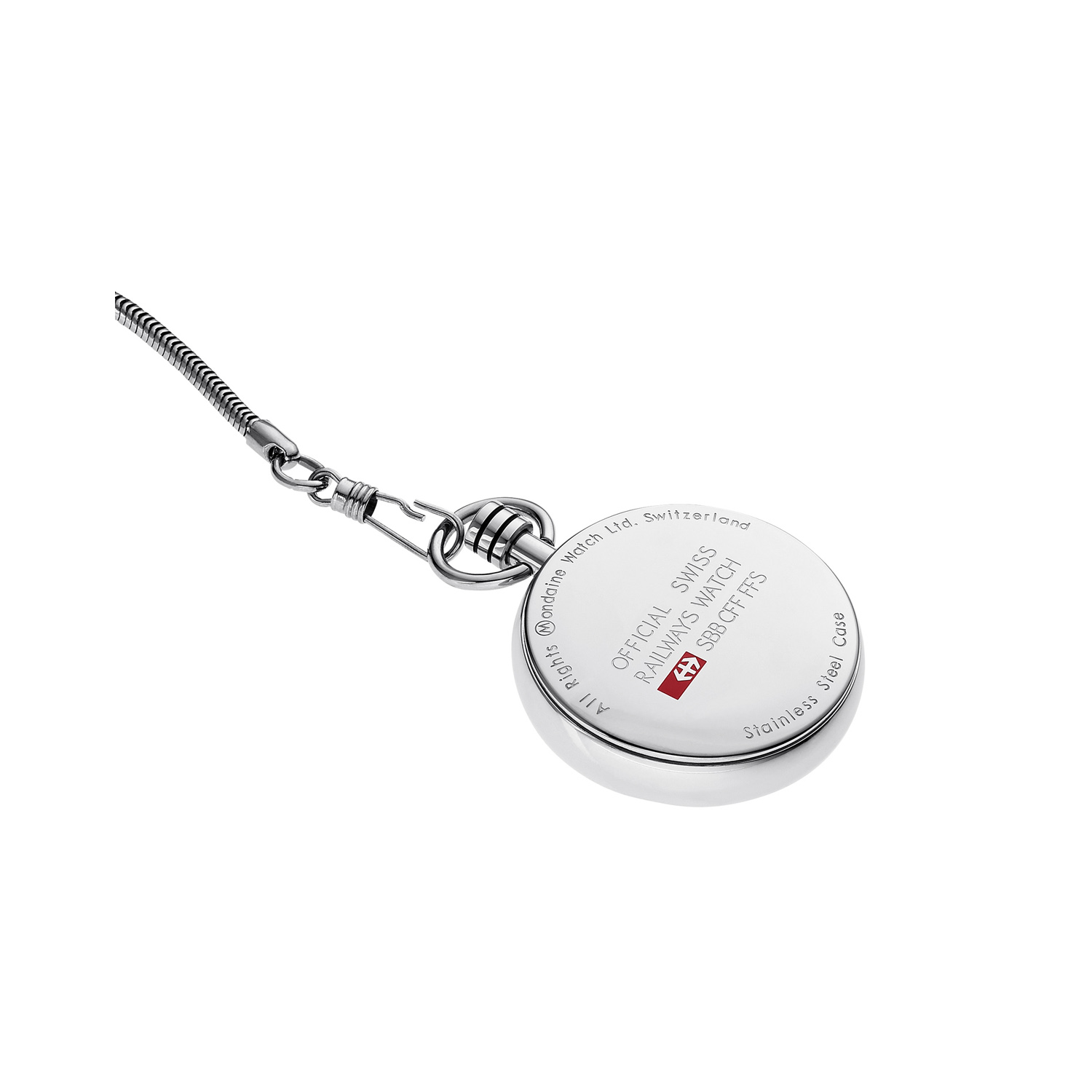 Mondaine, Pocketwatch with a 43mm stainless steel case and chain featuring a white dial.