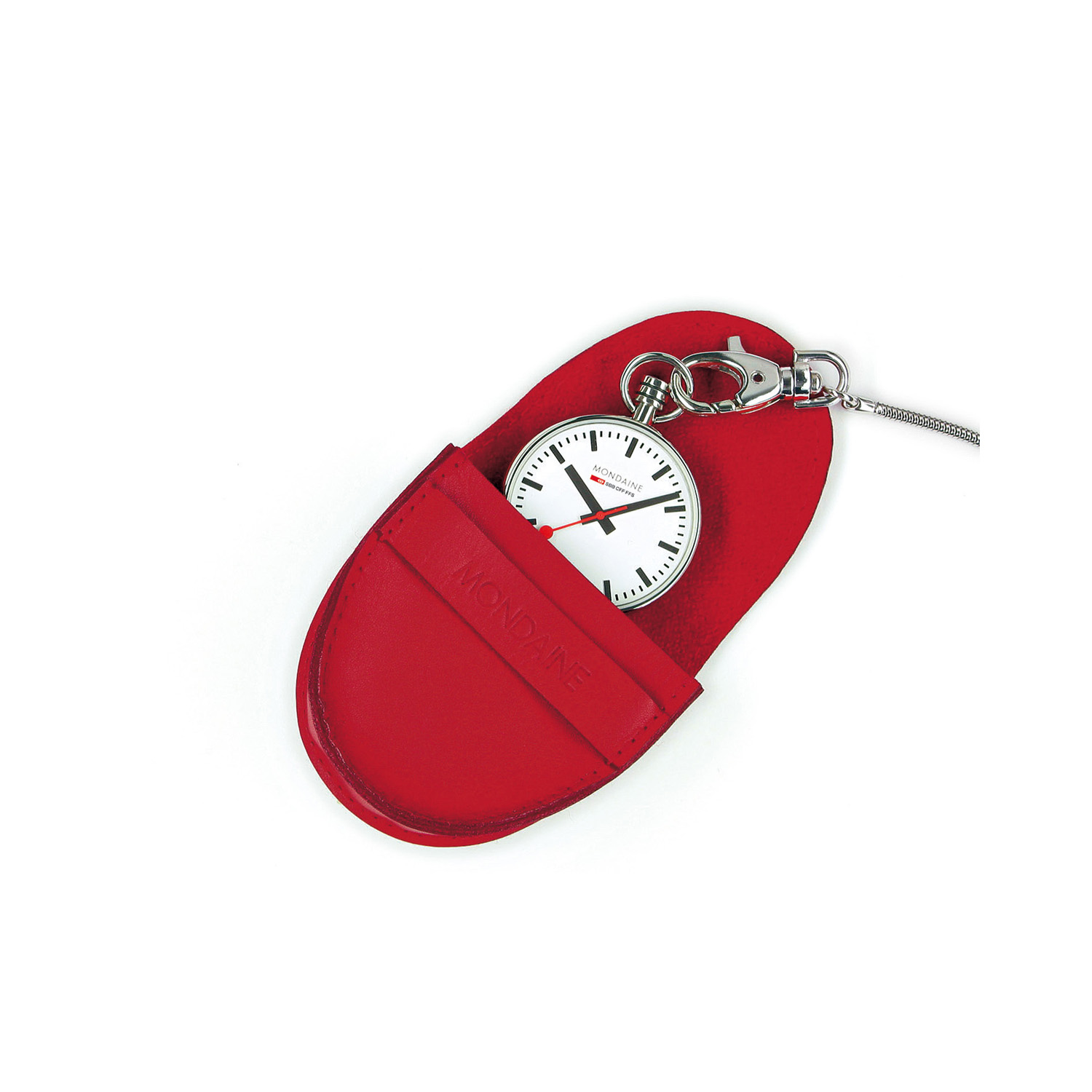 Mondaine, Pocketwatch with a 43mm stainless steel case and chain featuring a white dial.