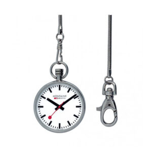 Mondaine, Pocketwatch with a 43mm stainless steel case and chain featuring a white dial.