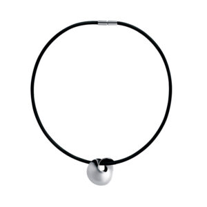 A polished, sterling silver circular pendant on a synthetic rubber neck chain from Georg Jensen's Möbius collection.