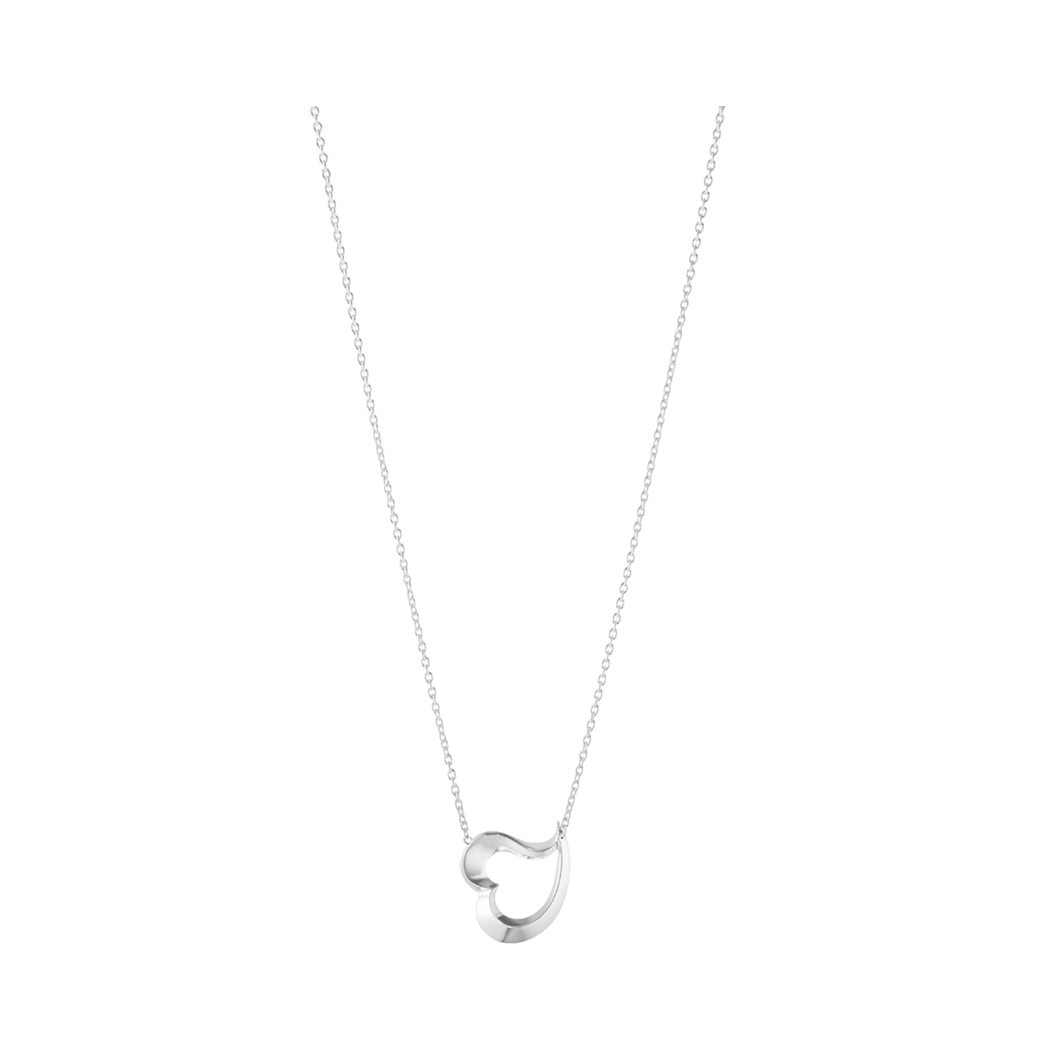 A sterling silver necklace with a leaf shaped love heart pendant from Georg Jensen's Hearts of Georg Jensen collection.
