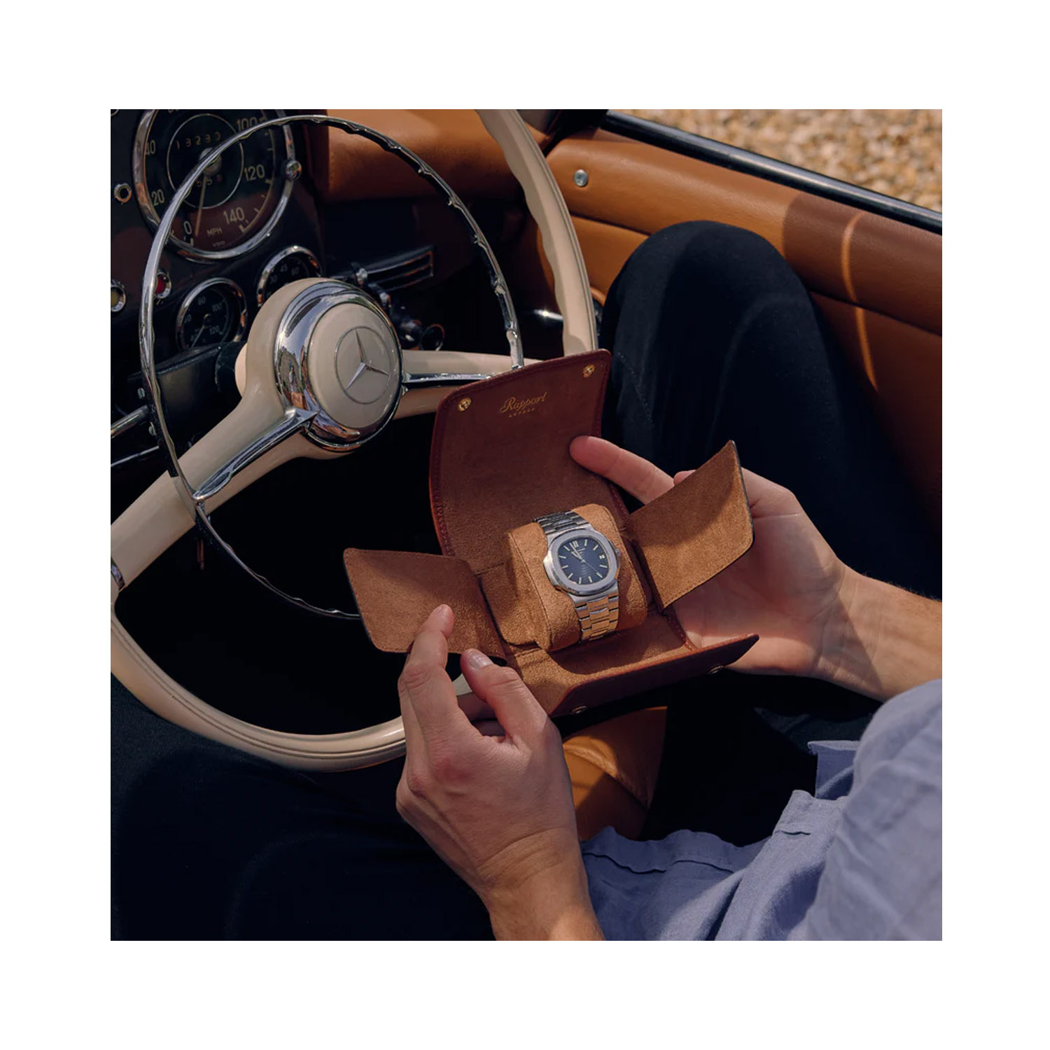 A single watch roll case, crafted from the finest quality tan soft pebble grained leather.
