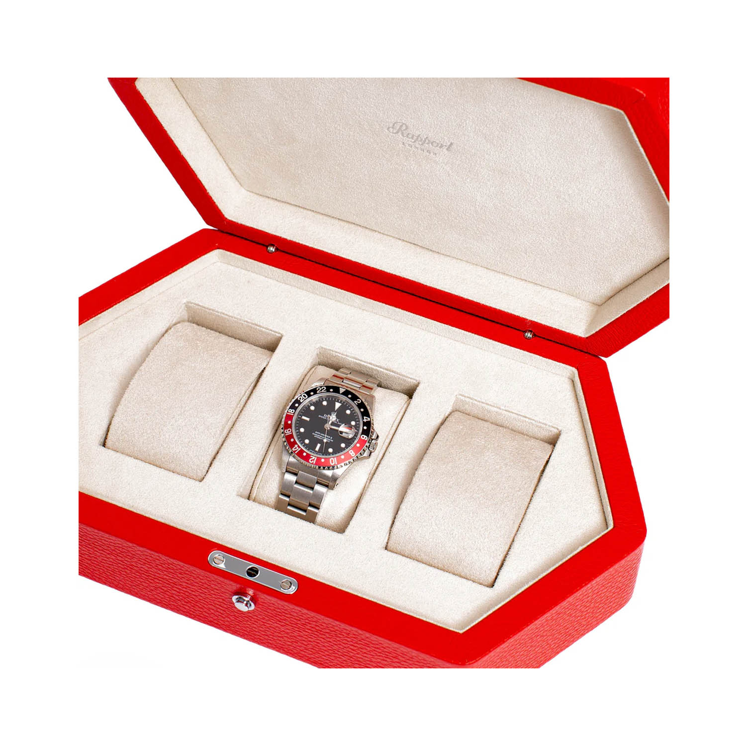 A hexagonal shaped watch box in premium grained red leather that holds up to three watches.