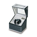 A carbon fibre and aluminum finish watch winder by Rapport with adjustable pads to fit any size watch strap.