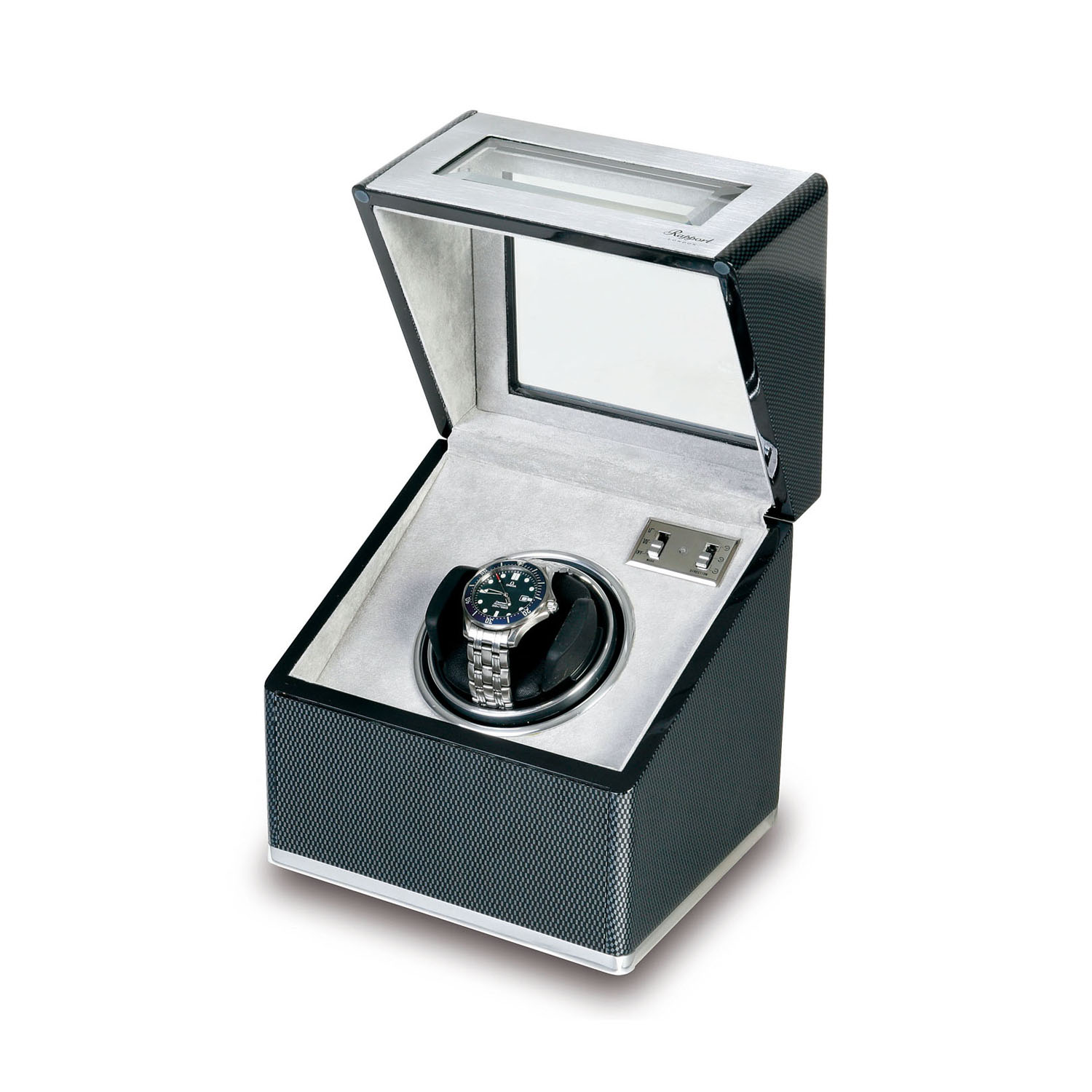 A carbon fibre and aluminum finish watch winder by Rapport with adjustable pads to fit any size watch strap.