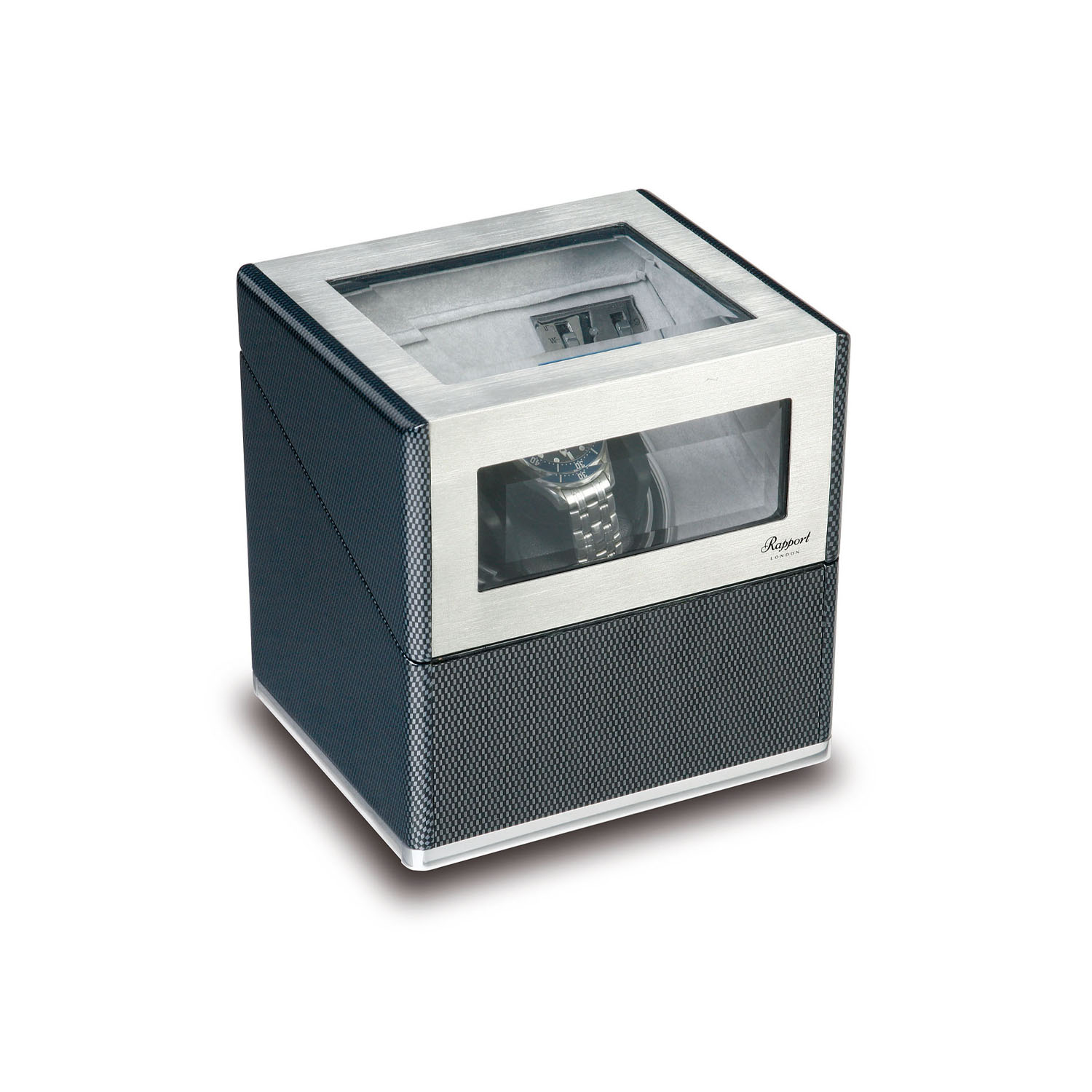 A carbon fibre and aluminum finish watch winder by Rapport with adjustable pads to fit any size watch strap.