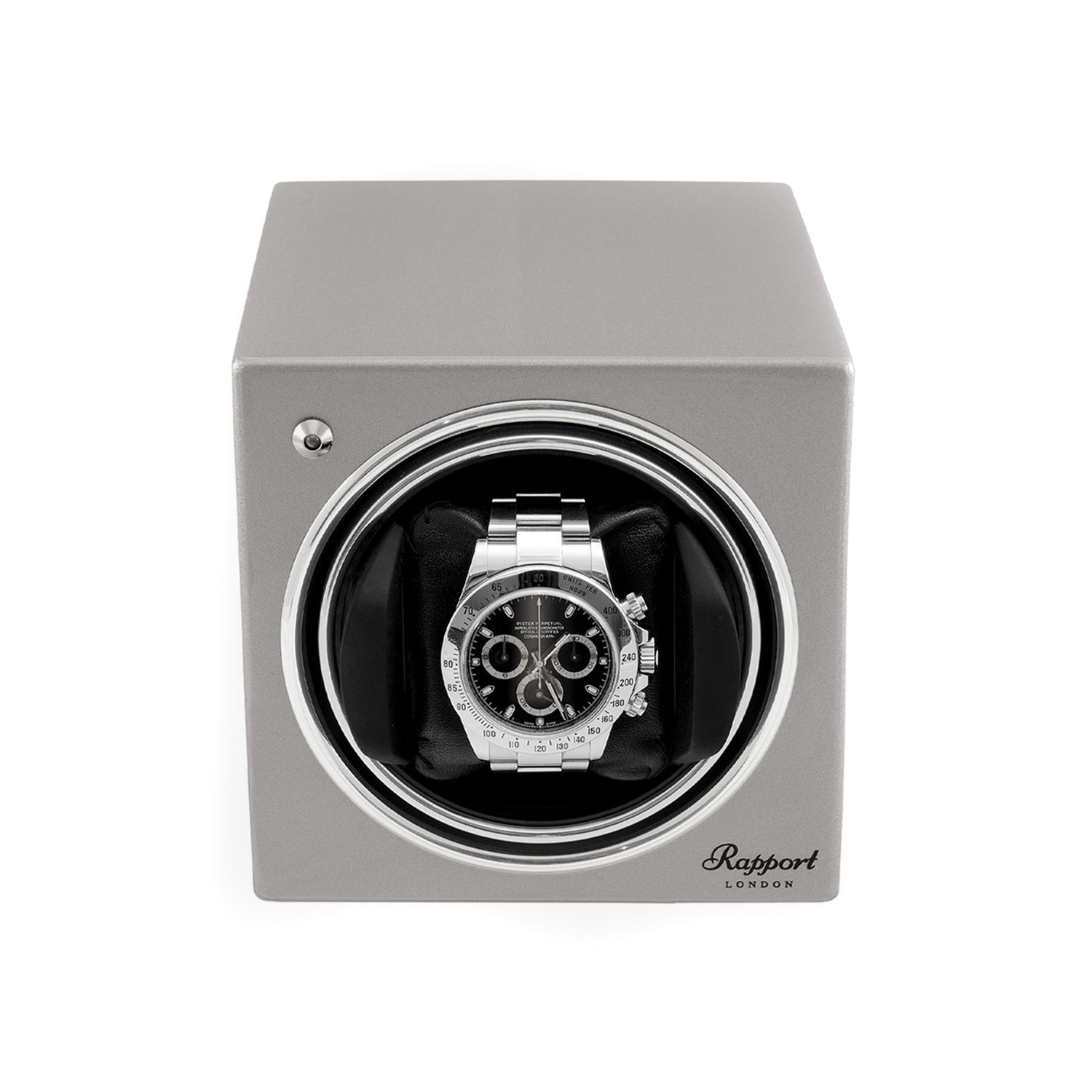 An evocube watch winder, crafted in wood finished with lacquer.