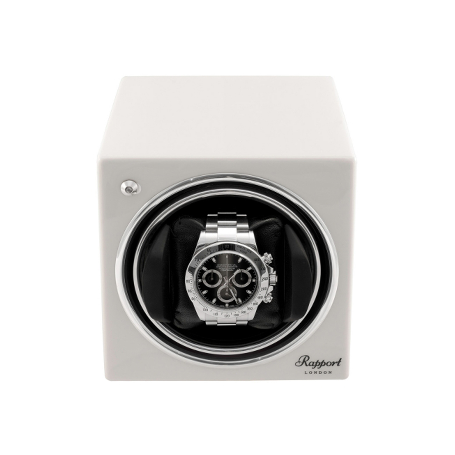 Rapport, Evo Cube Watch Winder in Glacier White An evocube watch winder, crafted in wood finished with lacquer.