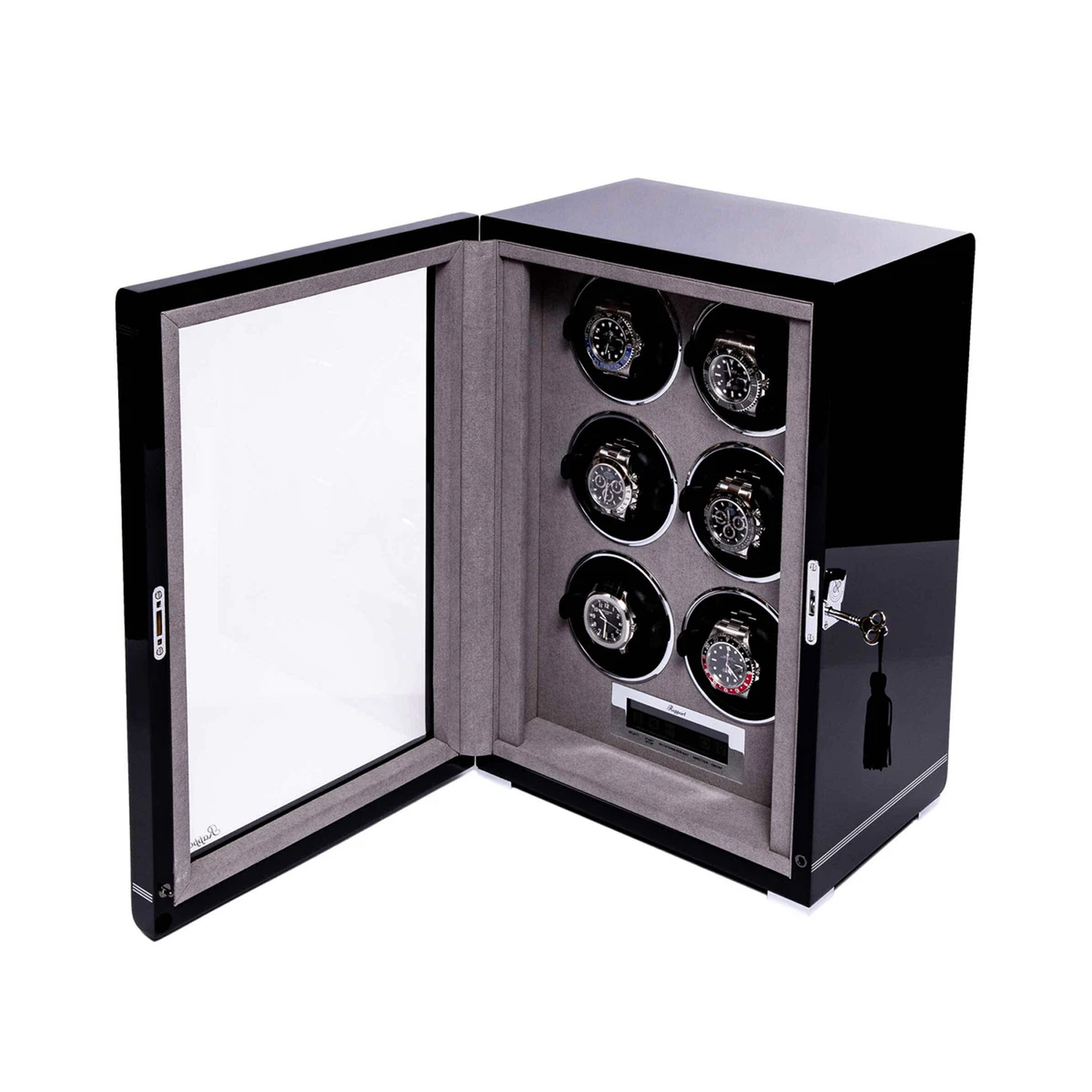 A black lacquered watch winder with space for six watches on patented leather cushions.