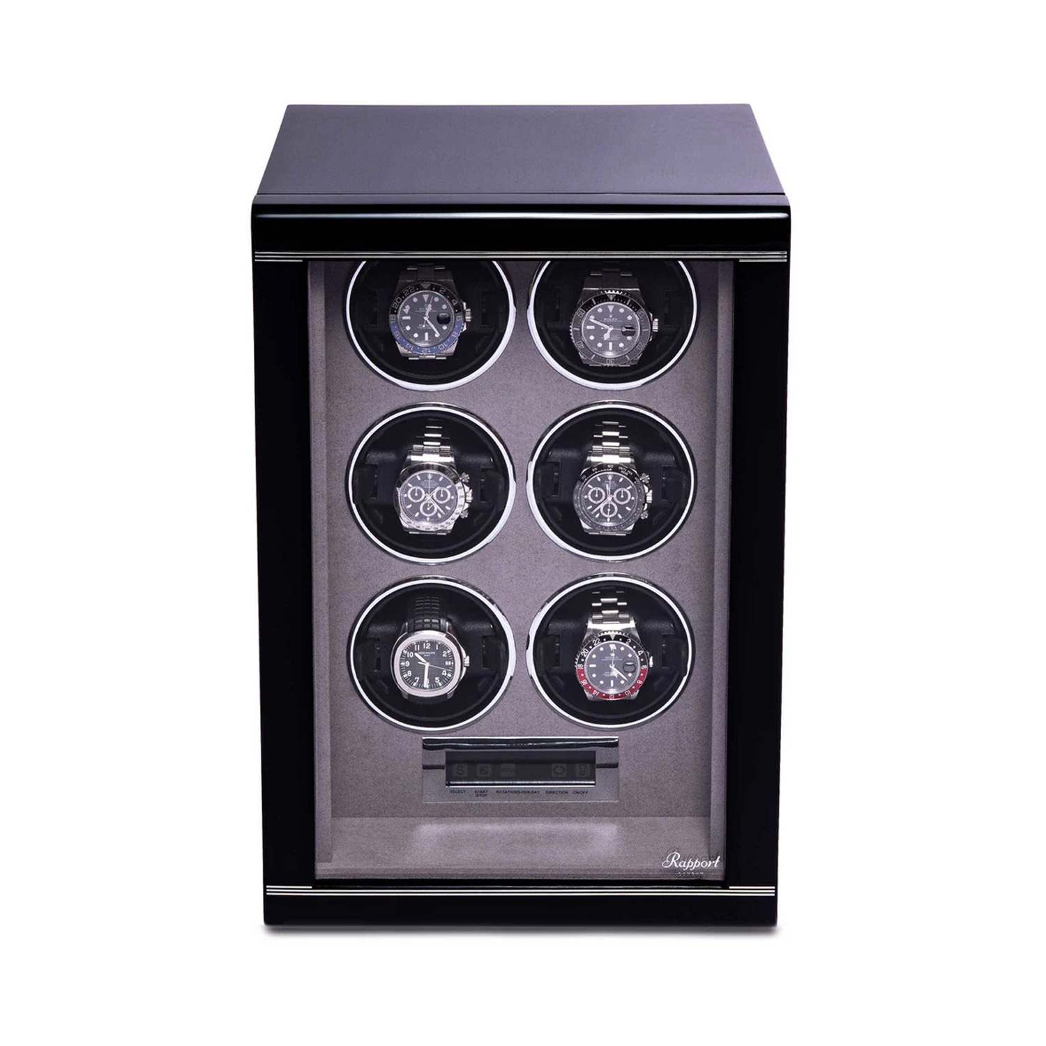 A black lacquered watch winder with space for six watches on patented leather cushions.