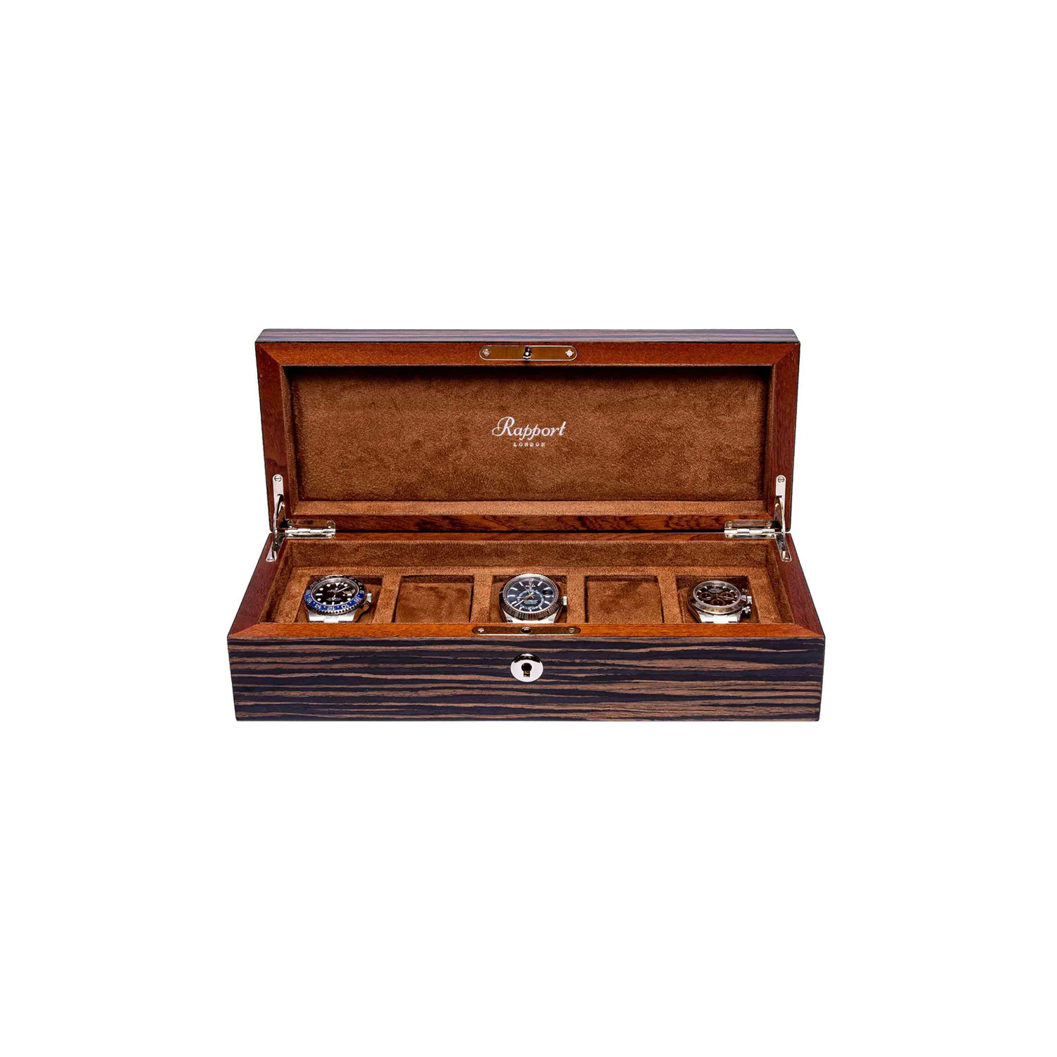 A handcrafted, solid wood Macassar finished watch box with space for five watches, featuring a suede interior and a lock.